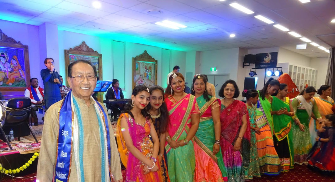 The dance teacher, Sonar Chand Ngangom, with ladies elegantly dressed for Garba; Picture Source: Supplied