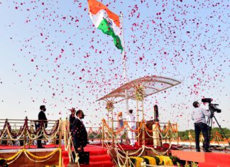 Indian PM Narendra Modi at Red fort unfurling Tricolour