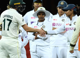The Pink-ball Test: Dominant Indian girls shake hand with Australian Captain Lanning to end it in a draw Dominant Indian girls shake hand with Australian Captain Lanning; Picture Source: Twitter @AusWomenCricket