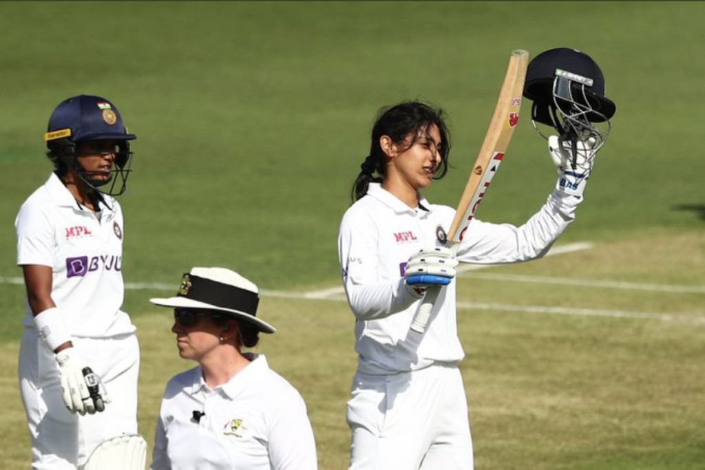 Smriti Mandhana -- her maiden Test ton Vs Australia in Pink Test; Picture Source: Twitter @BCCI