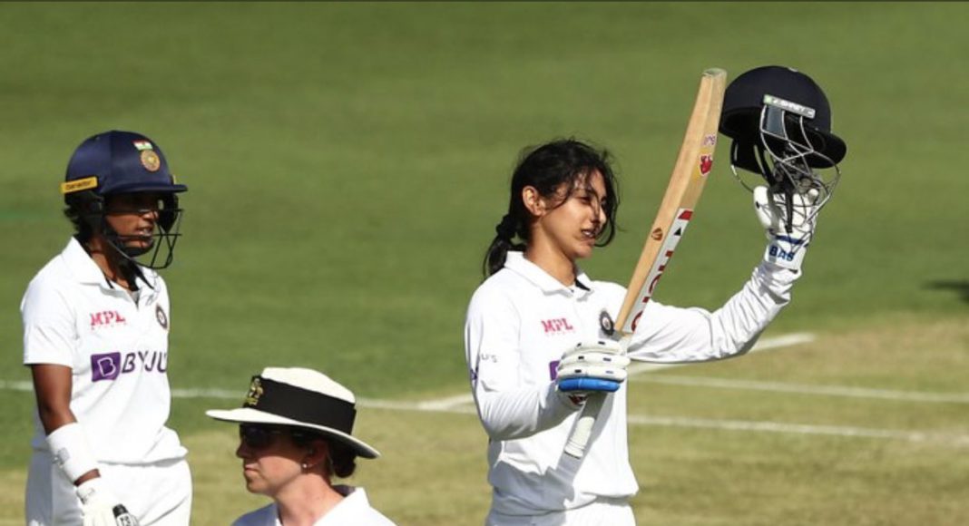 Smriti Mandhana -- her maiden Test ton Vs Australia in Pink Test; Picture Source: Twitter @BCCI