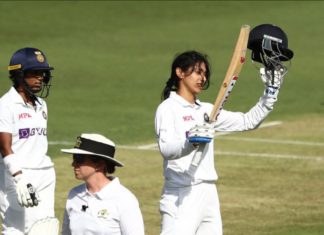 Smriti Mandhana -- her maiden Test ton Vs Australia in Pink Test; Picture Source: Twitter @BCCI