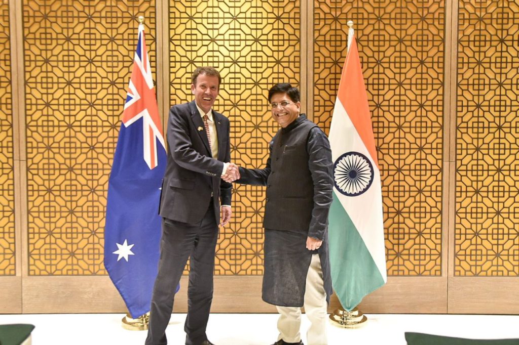 Australia's Trade Minister Dan Tehan and his Indian counterpart Union Commerce and Industry Minister Piyush Goyal; Picture Source @PIB