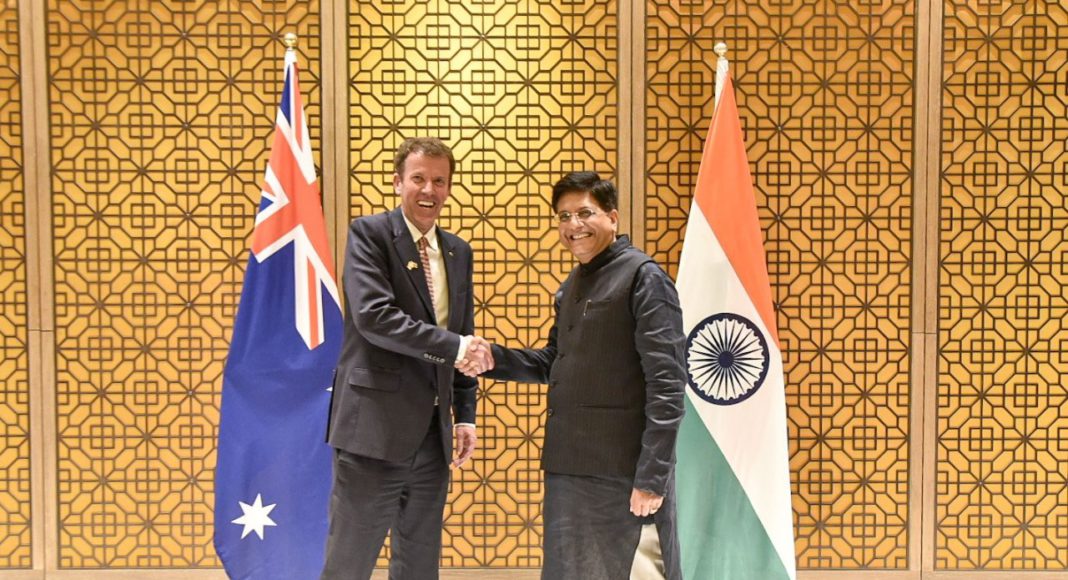Australia's Trade Minister Dan Tehan and his Indian counterpart Union Commerce and Industry Minister Piyush Goyal; Picture Source @PIB