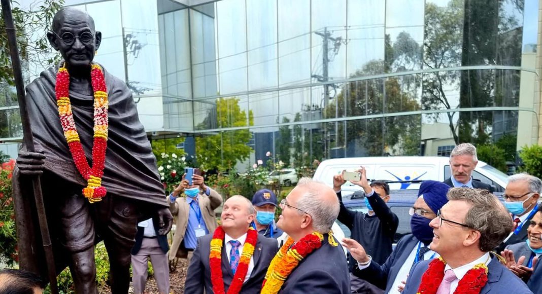 PM Morrison unveils Gandhi statue: Picture Source: The Australia Today