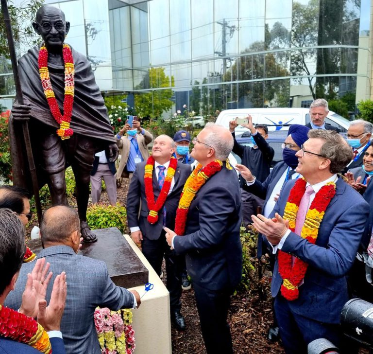 PM Morrison unveils Mahatma Gandhi statue at Australian Indian Community Centre