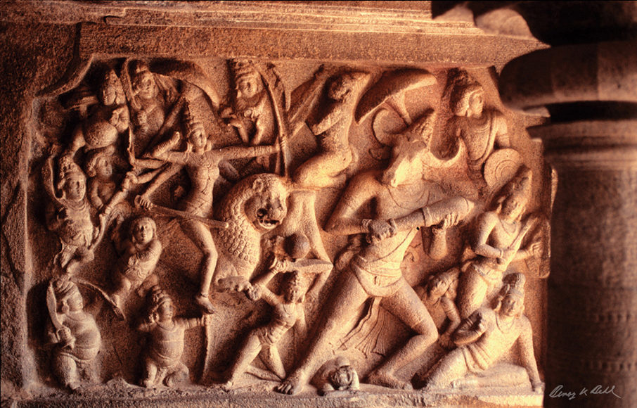Mahishasurmardini, Mamallapuram, Tamil Nadu, seventh century CE. The theme of Goddess Durga vanquishing the demon Mahisha is one of the most popular representations of Hindu art. She represents the vigour and power, the determination and courage within us, with which we must battle the evil of our ignorance of the truth. (Image Source: Benoy K Behl)