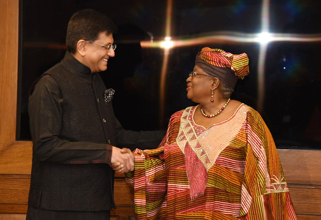 Union Minister Piyush Goyal exchanges greetings with Director-General(WTO), Ngozi Okonjo-Iweala