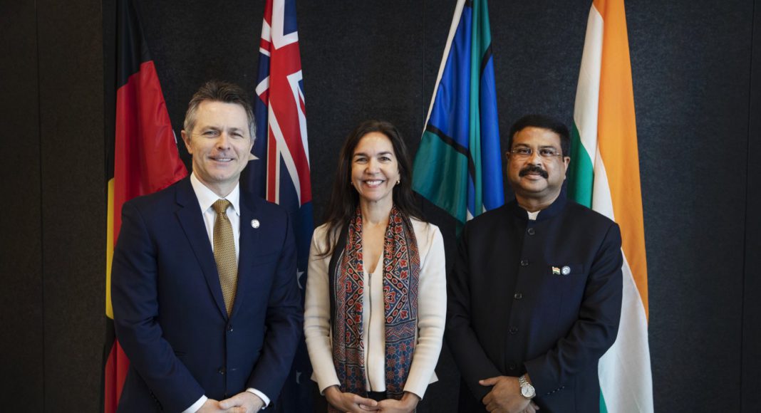 Australia India Institute’s CEO The Hon Lisa Singh with India's Minister of Education Dharmendra Pradhan and his Australian counterpart Jason Clare MP at the Western Sydney University Campus (Twitter - Lisa Singh).