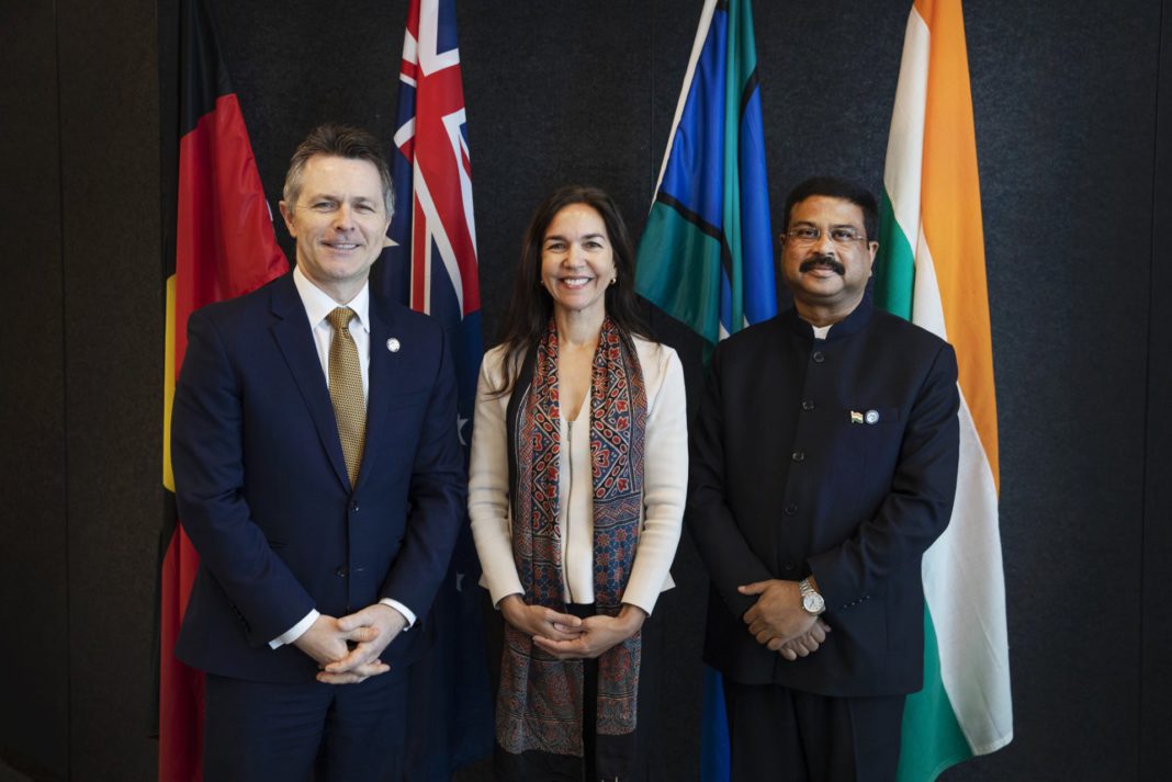 Australia India Institute’s CEO The Hon Lisa Singh with India's Minister of Education Dharmendra Pradhan and his Australian counterpart Jason Clare MP at the Western Sydney University Campus (Twitter - Lisa Singh).