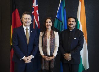 Australia India Institute’s CEO The Hon Lisa Singh with India's Minister of Education Dharmendra Pradhan and his Australian counterpart Jason Clare MP at the Western Sydney University Campus (Twitter - Lisa Singh).