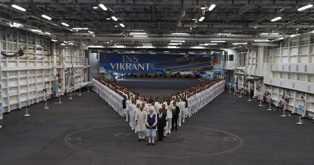 PM Modi commissions India's first indigenous aircraft carrier INS Vikrant, unveils new Naval Ensign 4 Commissioning of the first Indian indigenous aircraft carrier INS Vikrant; Image Source: @PIB