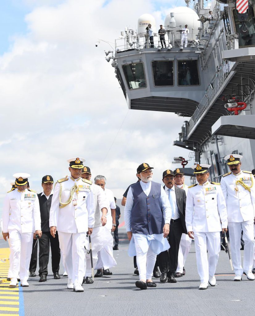 PM Modi commissions India's first indigenous aircraft carrier INS Vikrant, unveils new Naval Ensign 2 Commissioning of the first Indian indigenous aircraft carrier INS Vikrant; Image Source: @PIB