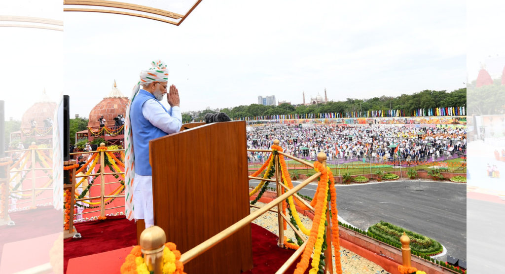 Indian PM Narendra Modi on the occasion of 76th Independence Day from the ramparts of Red Fort, in Delhi on August 15, 2022.