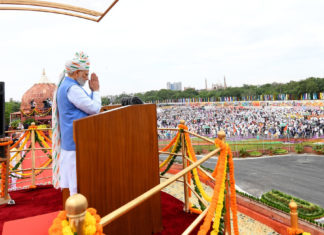 Indian PM Narendra Modi on the occasion of 76th Independence Day from the ramparts of Red Fort, in Delhi on August 15, 2022.