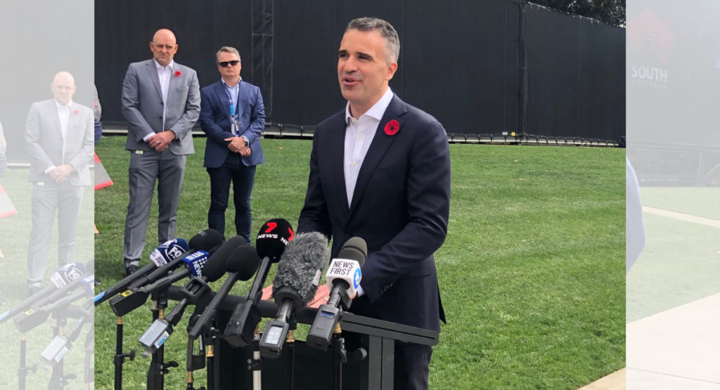 South Australia's Premier Peter Malinauskas at AFL Press conference; Image Source: Twitter @Andrea Nicolas