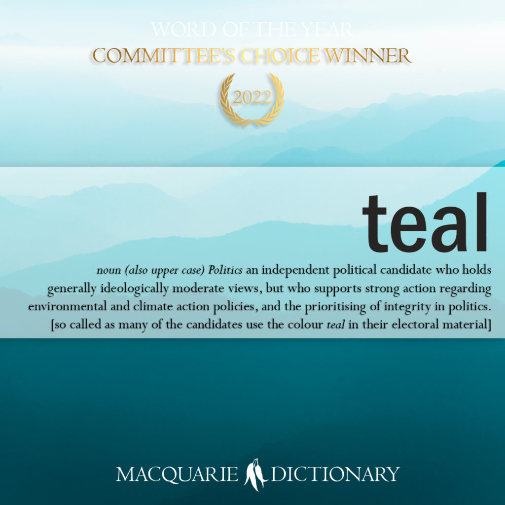 Macquarie Dictionary Word of the Year 2022 teal CC winner 15