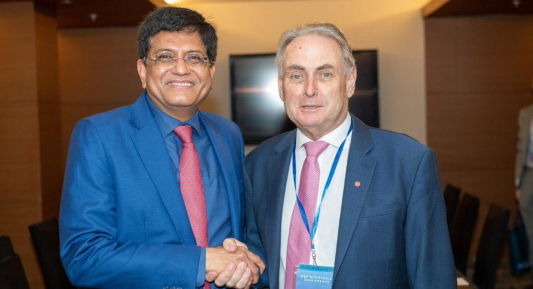 Ministers Piyush Goyal and Don Farrell (Pic: Twitter - @AusHCIndia)