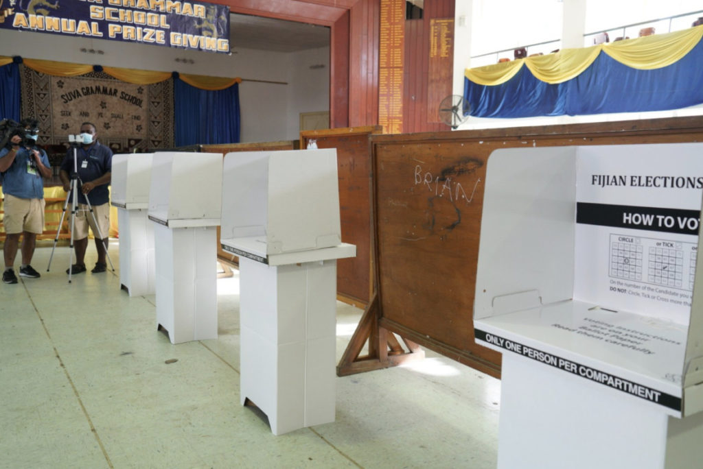 A glimpse of the polling station inside the Suva Grammar School polling venue before the first vote was cast at 7.30am. The media were permitted a walk-through of the polling station prior to the commencement of voting today. Picture: COOPER WILLIAMS