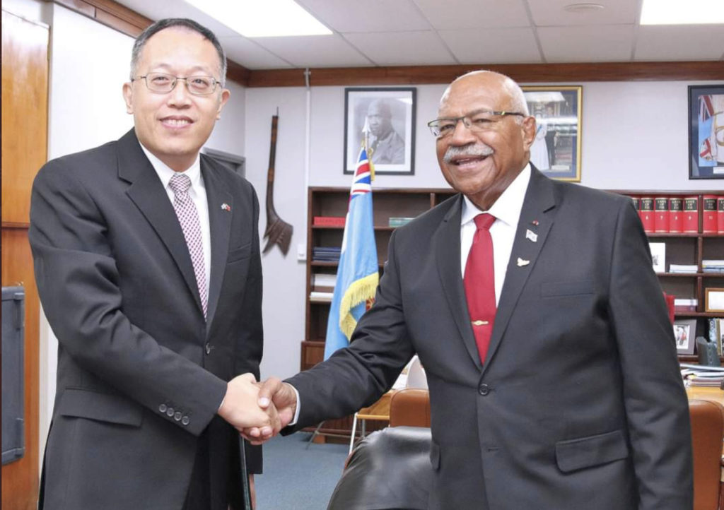 Fiji PM Sitiveni Rabuka with Chargé d'Affaires (CDA) ad interim Mr. Wang Xuguang of the Embassy of the People’s Republic of China; Image Source: Supplied