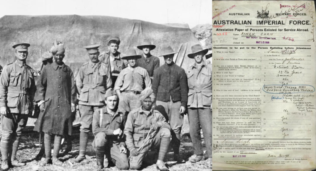 Image: (Left) Indian soldiers in World War I; Image credit:Crystal Jordan Australian Indian Historical Society Inc. 2013; (Right) Service Record for Private Sarn Singh. Image credit: National Archives of Australia.