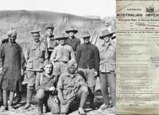 Image: (Left) Indian soldiers in World War I; Image credit:Crystal Jordan Australian Indian Historical Society Inc. 2013; (Right) Service Record for Private Sarn Singh. Image credit: National Archives of Australia.