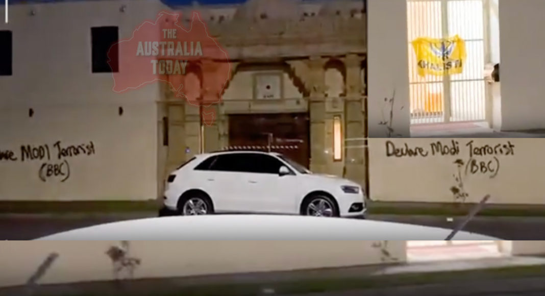 BAPS Swaminarayan Temple vandalised by Khalistan supporter; Image Source: The Australia Today