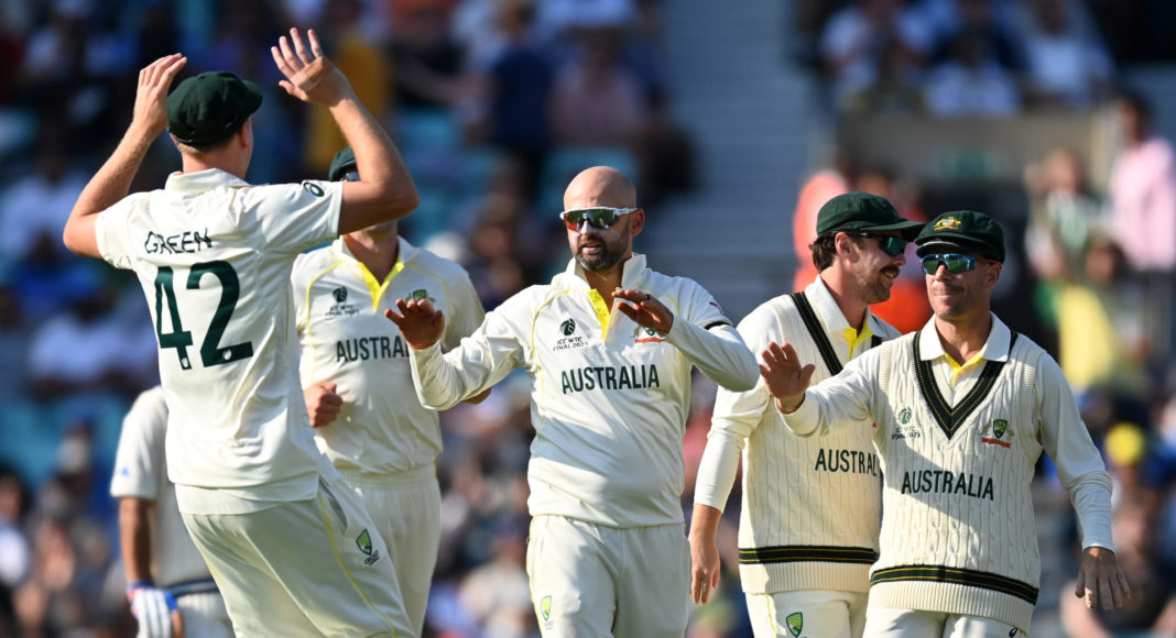 Australian bowlers celebrating at WTC; Image Source: @CricketAustralia Twitter
