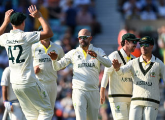 Australian bowlers celebrating at WTC; Image Source: @CricketAustralia Twitter