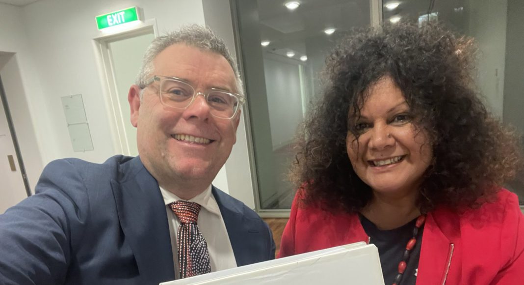 Senator Murray Watt and Senator Malarndirri McCarthy celebrating passing of Rerferendum Bill; Image Source: @Malarndirri19