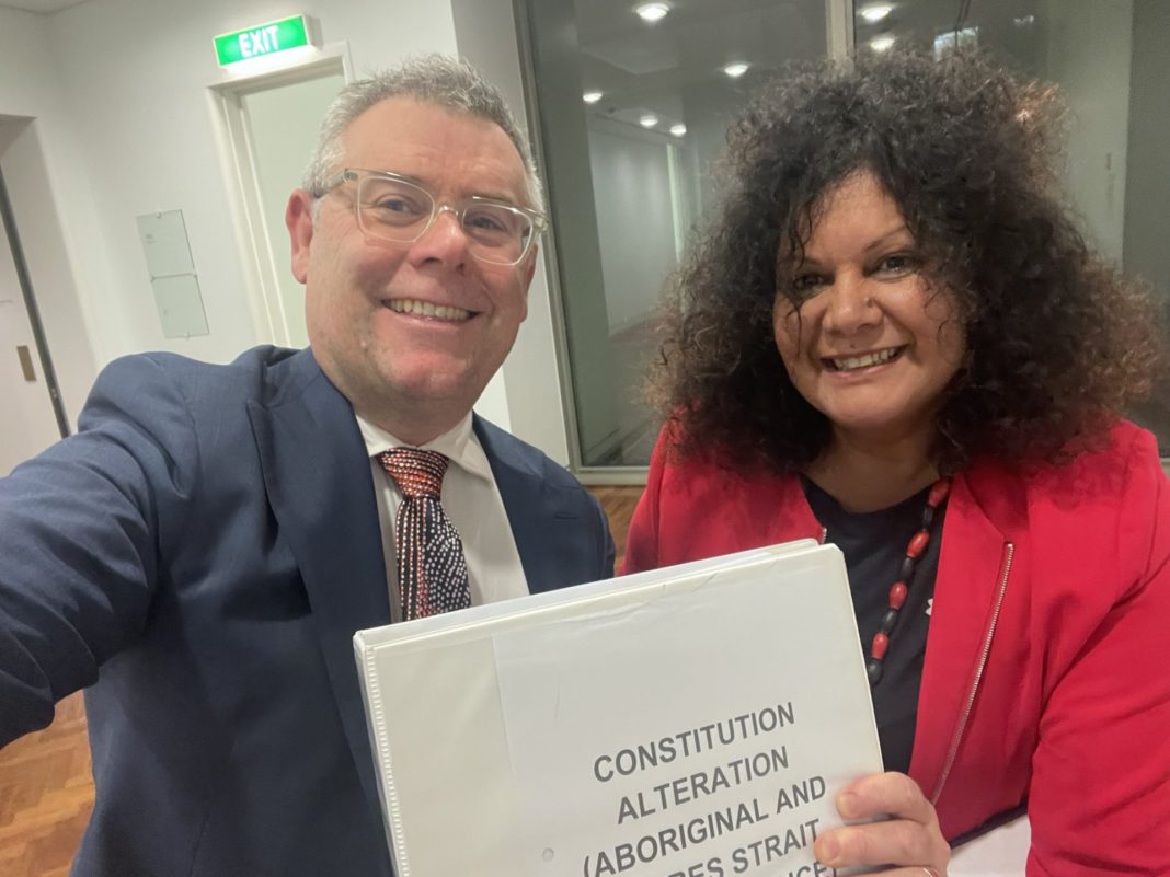 Senator Murray Watt and Senator Malarndirri McCarthy celebrating passing of Rerferendum Bill; Image Source: @Malarndirri19