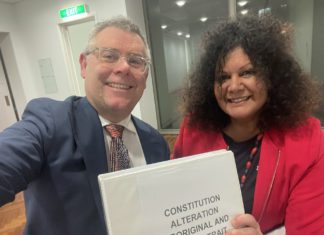 Senator Murray Watt and Senator Malarndirri McCarthy celebrating passing of Rerferendum Bill; Image Source: @Malarndirri19