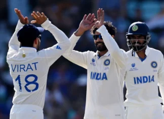 WTC 2023 final Day 3: Ravindra Jadeja keeps India in hunt as Australia at 123/4 India celebrating smiths wicket; Image Source: @BCCI Twitter