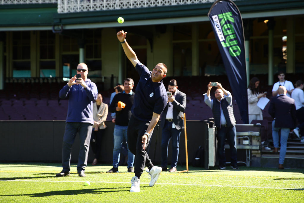 2023 Kayo World Cup Media Event Usman Khawaja bowling Photo Brett Costello 230821 22904 33