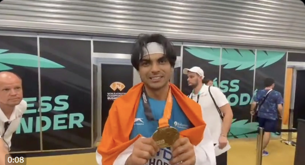 India's Neeraj Chopra wins gold medal in WAC; Image Source: Screen Shot Jio Cinema
