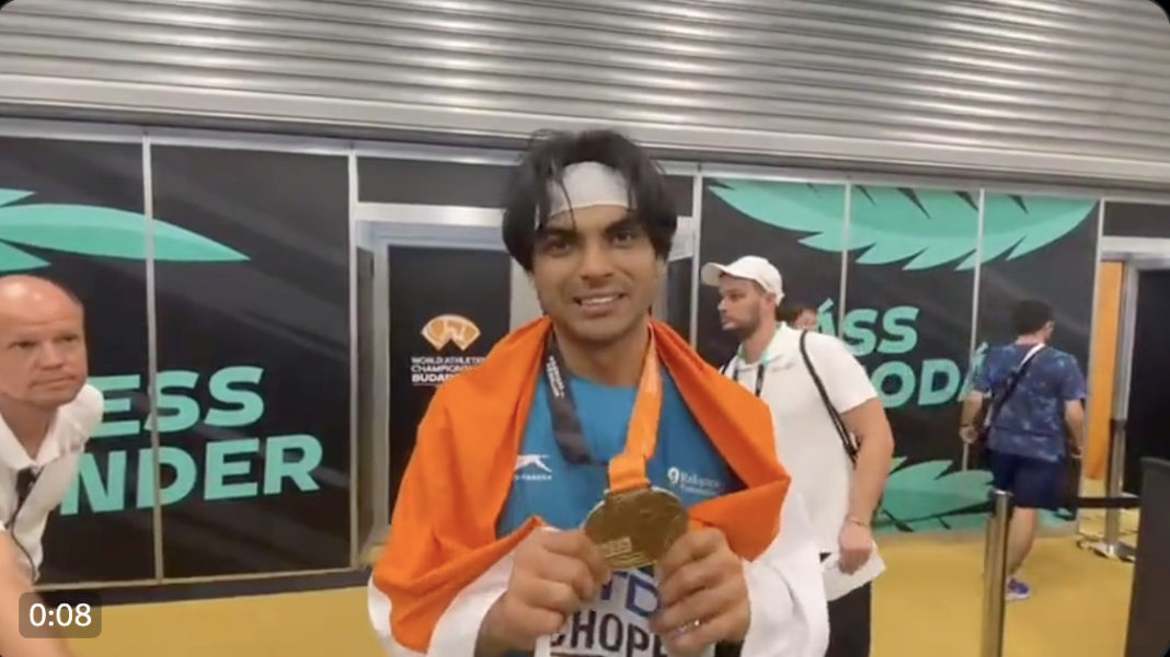 India's Neeraj Chopra wins gold medal in WAC; Image Source: Screen Shot Jio Cinema