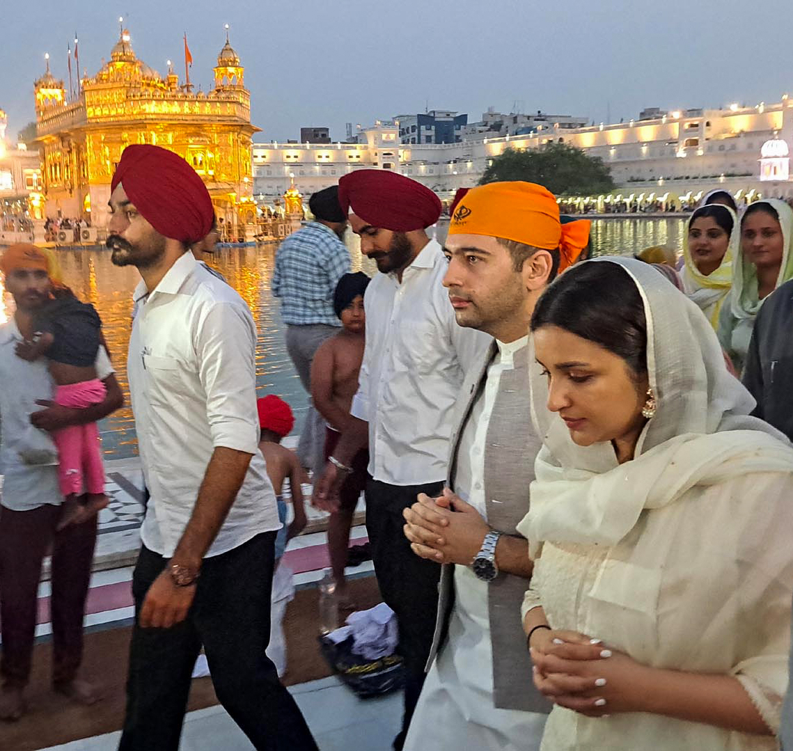Parineeti-Raghav Wedding: Check out couple's first pic as husband and wife 6 Bollywood actress Parineeti Chopra and her fiance, Aam Aadmi Party MP Raghav Chadha visit the Golden Temple in Amritsar on Saturday. (ANI Photo)