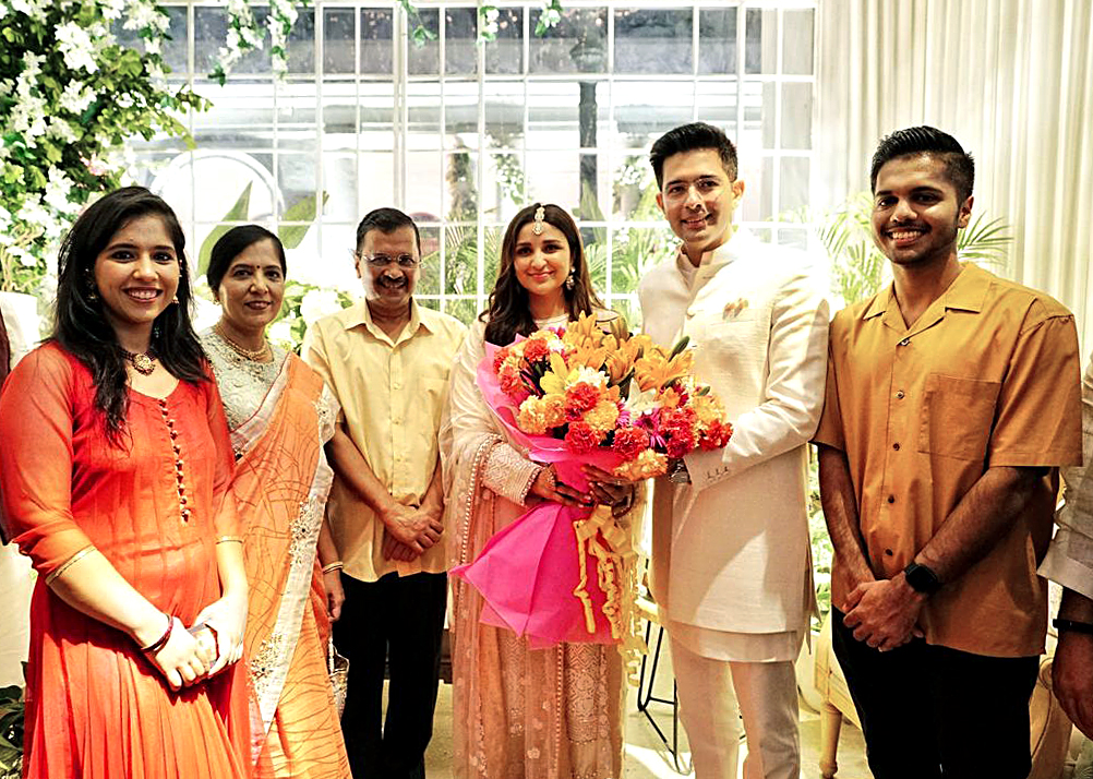 Parineeti-Raghav Wedding: Check out couple's first pic as husband and wife 4 Delhi Chief Minister Arvind Kejriwal with AAP MP Raghav Chadha during his engagement ceremony with Bollywood actress Parineeti Chopra, in New Delhi on Saturday. (ANI Photo)