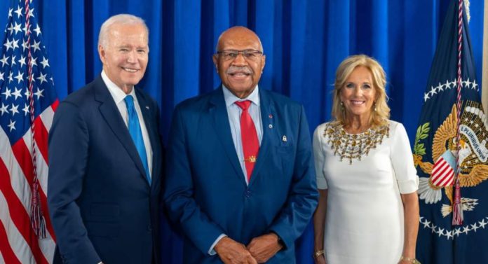 Image: Fiji PM Sitiveni Rabuka with US President Joe Biden and First Lady Jill Biden at the annual reception hosted by the US during the United Nations General Assembly in Sept 2023 (Source: X @stansimpsonfj)