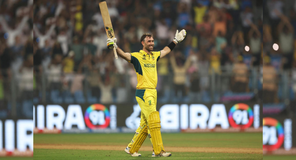 Glen Maxwell celebrates as Australia moves to semi finals; Image Source; @ICC x/Twitter