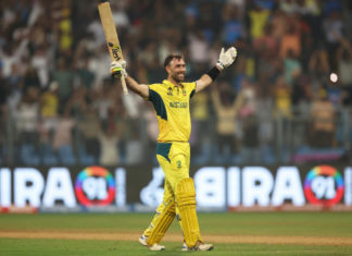 Glen Maxwell celebrates as Australia moves to semi finals; Image Source; @ICC x/Twitter