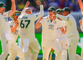Australia celebrates after defeating Pakistan in Perth Test; Image Source XTwitter @CricketAus