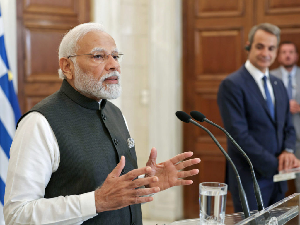 Indian Prime Minister Narendra Modi addresses the Press meet with Prime Minister of Greece, Kyriakos Mitsotakis, in Athens: Image Source: (Press Information Bureau)