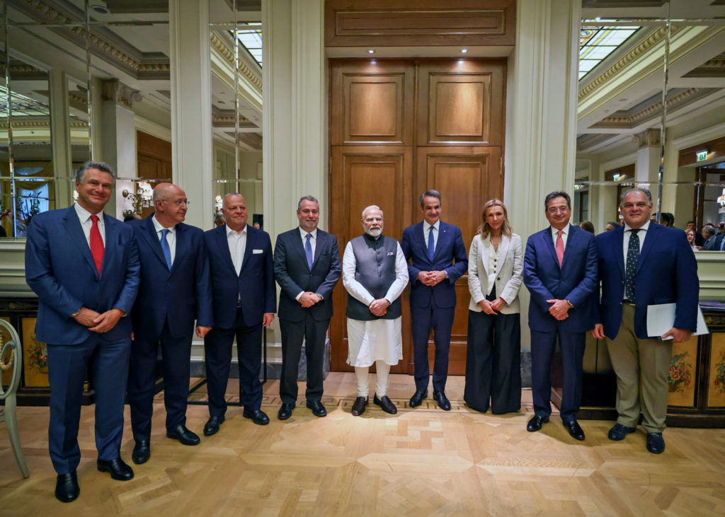 Indian Prime Minister Narendra Modi at a business lunch hosted by Prime Minister of Greece, Kyriakos Mitsotakis, in Athens; Image Source: (Press Information Bureau)