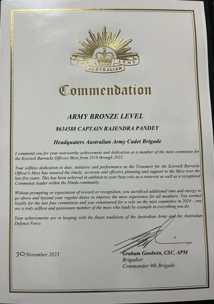 Bronze Commendation to Captain Rajendra Pandey; Image Source; Supplied