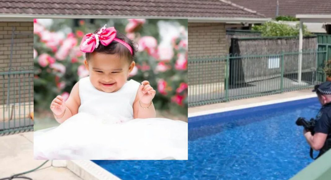 Image: Kreya Patel (Source: Facebook) and in the background the communal swimming pool (Source: 7NEWS screenshot)