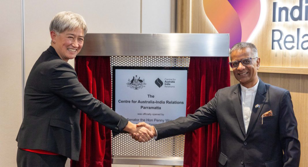 Penny Wong, Minister for Foreign Affairs unveils a plaque at the opening of the Centre for Australia-Indian Relations (CAIR) office in Parramatta on Monday 20th February 2024. In attendance are Indian High Commissioner to Australia, Gopal Baglay