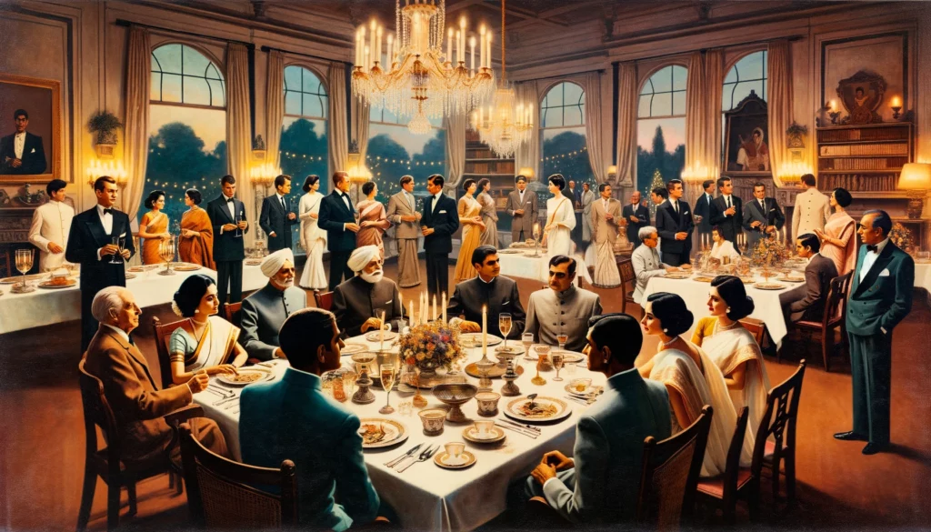 A 1960's dinner party in New Delhi featuring Indian political and social elites; Image Source: @Canva AI generated