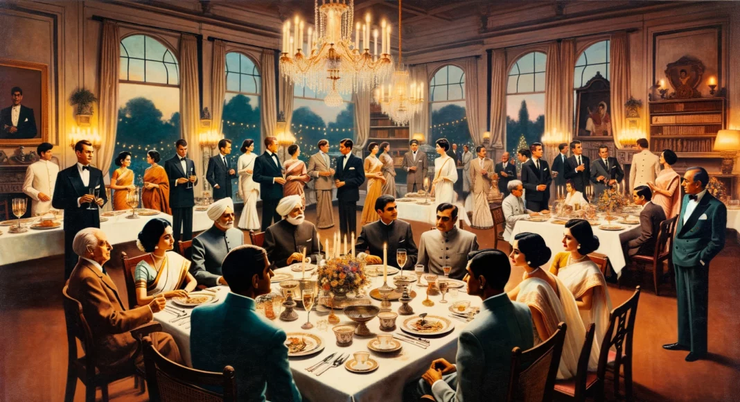 A 1960's dinner party in New Delhi featuring Indian political and social elites; Image Source: @Canva AI generated