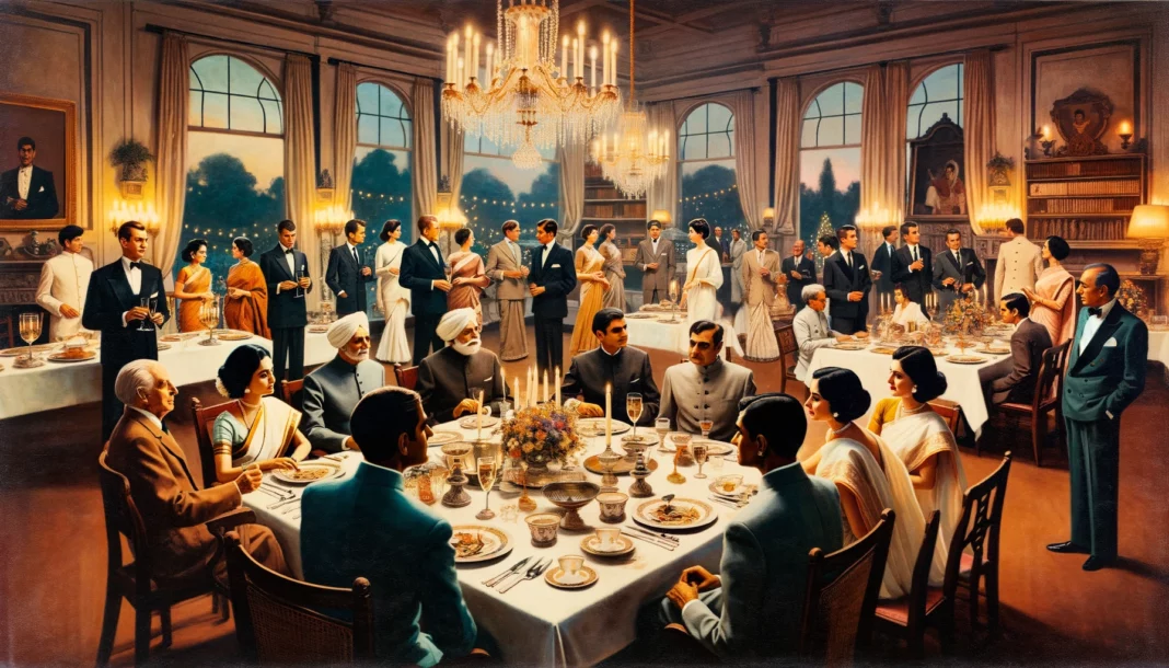 A 1960's dinner party in New Delhi featuring Indian political and social elites; Image Source: @Canva AI generated